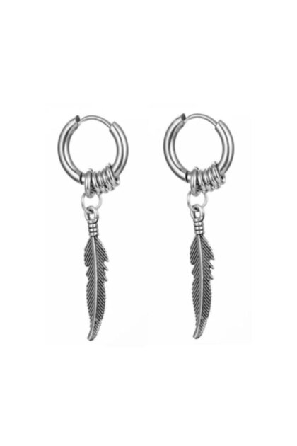 Unisex 316l Surgical Steel Silver Color Dangle Feather Hoop Earrings