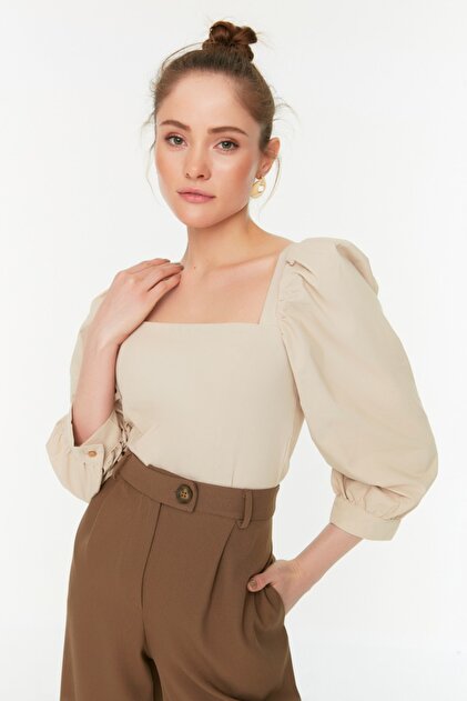 Taupe Balloon Sleeve Square Neck Woven Blouse TWOAW21BZ0210