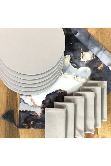 American Serve, Gray Marble 6 Plates, 6 Napkins And Runner
