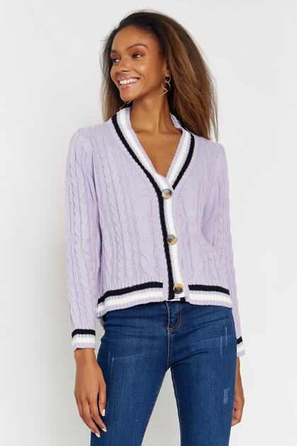 Hopoi Women's Lilac Hair Braided Patterned Cardigan 25112- Trendyol