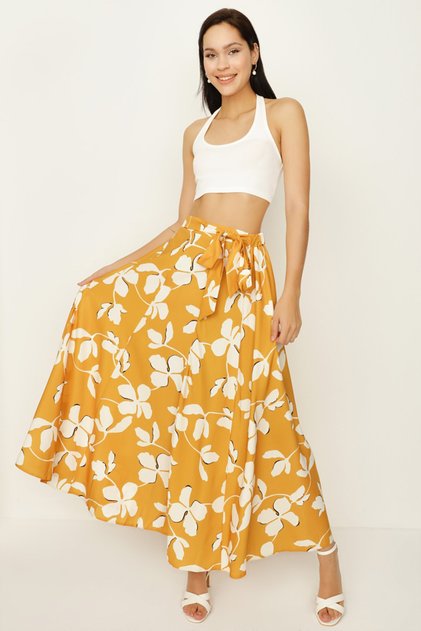 Women's Mustard Patterned Belted Flounce Long Skirt