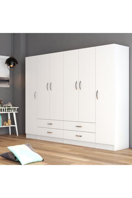Tanmob 6 Kapılı Dört Çekmeceli Geniş Gardrop Beyaz- Grd0801