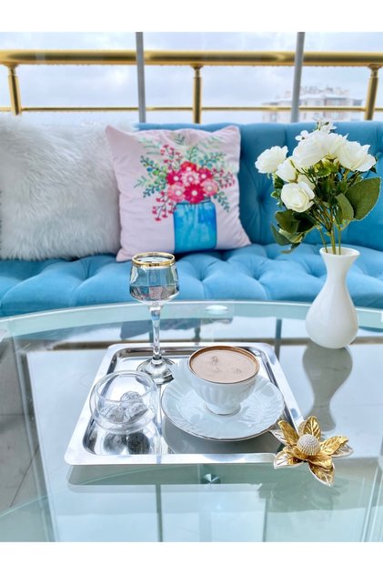 Luxury Lily Flower Stainless Steel Square Silver Coffee, Tea, Decorative Presentation Serving Tray