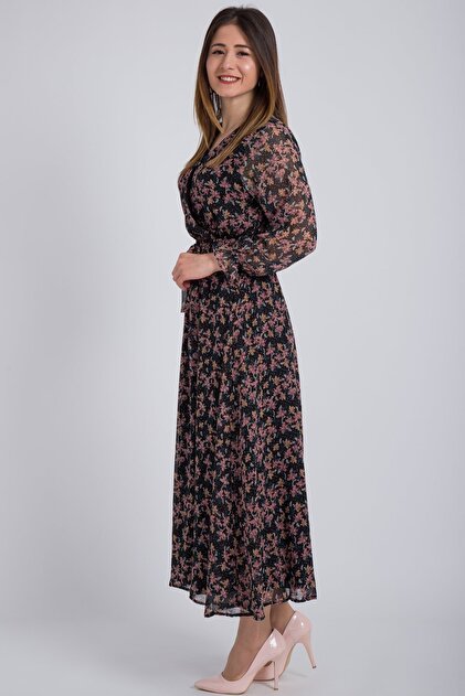 Kadın Modası Kadın Siyah Gül Kruvaze Yaka Çiçekli Şifon Elbise - 4