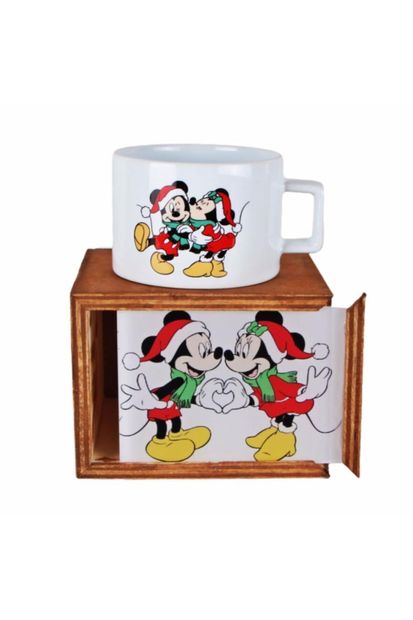 HediyeKanalı Mickey Mouse Minnie Mouse Yılbaşı Doğal Ahşap Kutulu Kupa Yılbaşı Hediyesi - 1