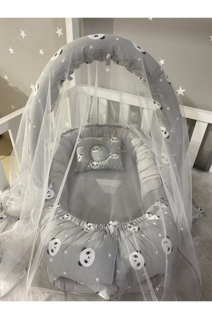 Jaju Baby Nest Gri Panda Cibinlik Ve Oyuncak Askılı Tasarım Jaju-babynest Anne Yanı Bebek Yatağı - 1