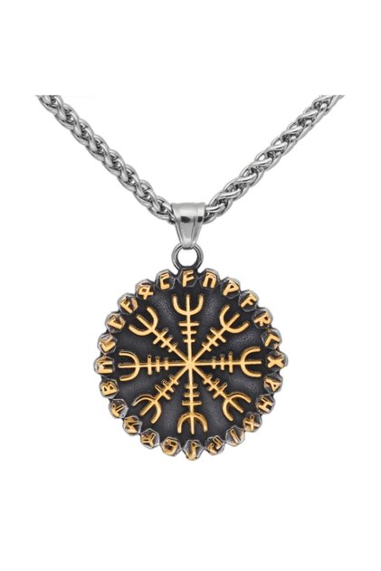 Rune Symbols Vegvisir Odin Yellow Engraved Norse Double Sided 316l Steel Men's Necklace