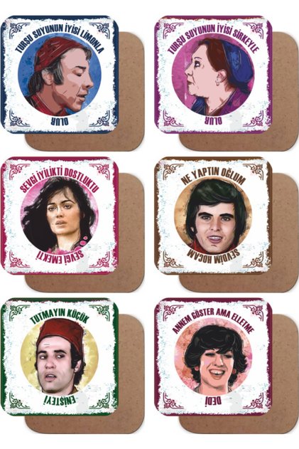 Yeşilçam Turkish Cinema Lines -2- Set of 6 Retro Wooden Coasters