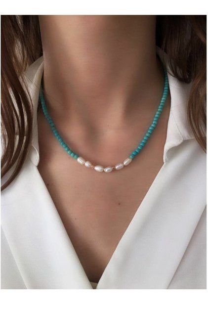 Women's Rose Color Turquoise and Real Pearl Natural Stone Necklace