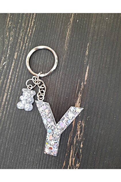 NURESİNART Silver Glitter Teddy Bear Detailed Letter Y Keychain