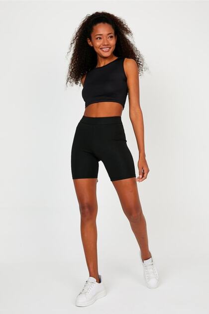 Women's Black Scuba Diving Fabric Biker Sports Shorts Oversized Tights Crop Suit