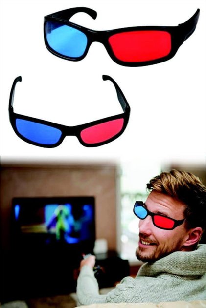 3 Boyutlu Gözlük Mavi Kırmızı Renkli Pasit TV Sinema Gözlüğü Siyah