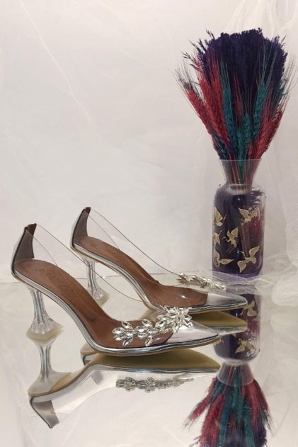 Rochie de seară cu toc transparent pentru femei, prințesă argintiu, nud, maro, cu pantofi stiletto cu vârf ascuțit