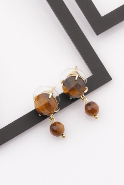 Tiger Eye Natural Stone Gold Colored Earrings