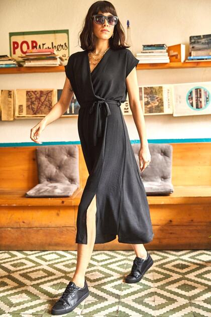 Women's Black Double Breasted Belted Slit Woven Dress ELB-19001690