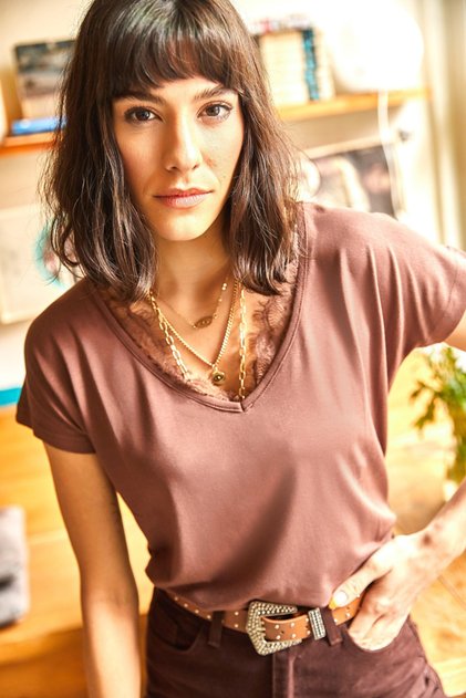Women's Bitter Brown Collar Lace Casual Viscose Blouse BLZ-19000873