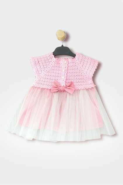 Girl's Powder Pearl Buttoned Knitted Bow Short Sleeve Dress