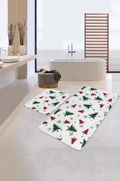 Plaid Pine Tree Designed Christmas Themed 2-Piece Non-Slip Based Bathroom & Kitchen Mat Set