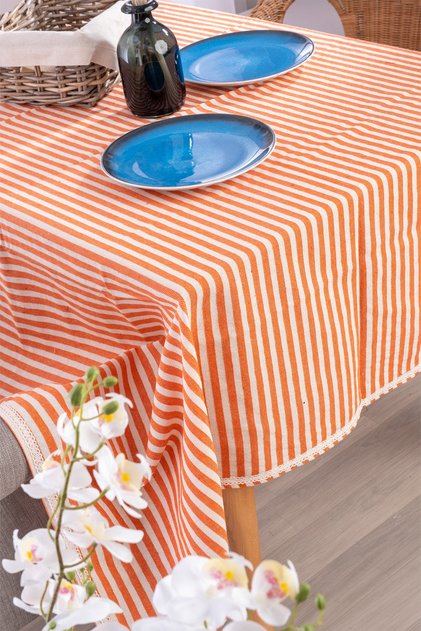 Koral Striped Linen Lace Tablecloth