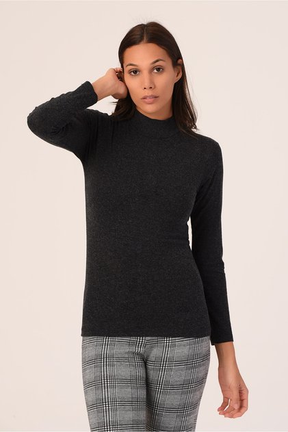 Women's Black Half Fisherman Wool Viscose Turtleneck Bodysuit