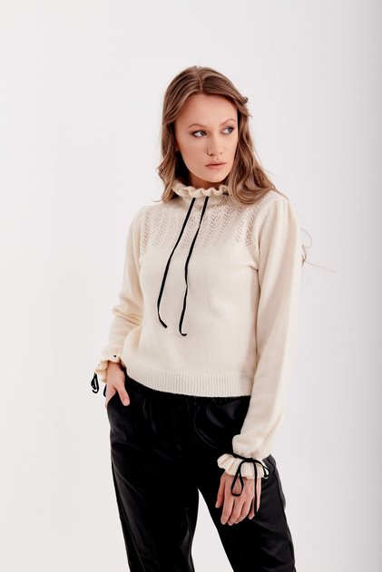 Women's Ecru Collar Drawstring Drawstring Sweater