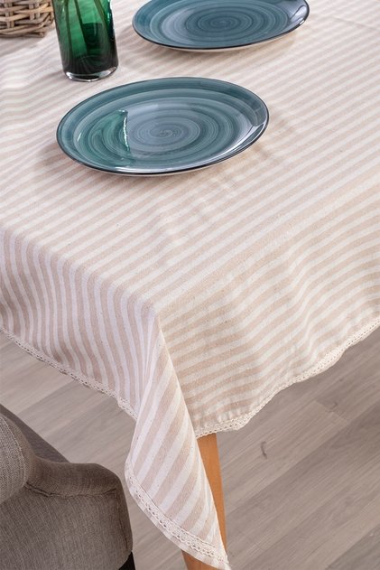 Milk Coffee Striped Linen Lace Tablecloth