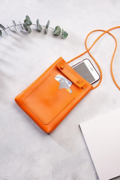 Women's Orange Crossbody Bag with Small Pockets and Shoulder Strap Minimal Phone Bag