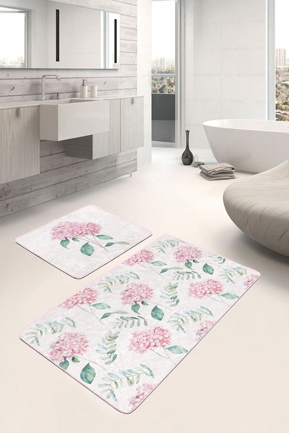 White Floor Hydrangea Flower Digital Printed 2-Piece Non-Slip Base Bathroom & Kitchen Mat Set