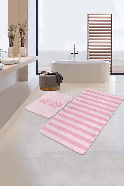 Pembe Çizgili Ananas Motifli 2'li Kaymaz Tabanlı Banyo & Mutfak Paspas Takımı