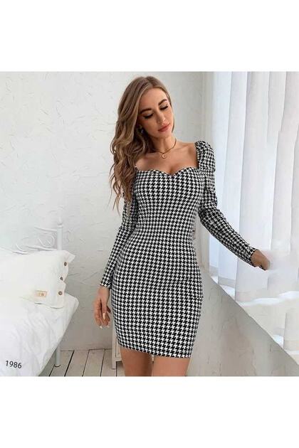 Lycra Crepe Fabric Low-cut Long Sleeve Houndstooth Patterned Mini Dress Evening Dress 581986 652