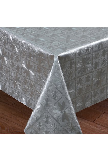 Fiber Lined PVC Tablecloth 100x140cm Wipeable Liquid Proof Stain Resistant Daisy Patterned Silver