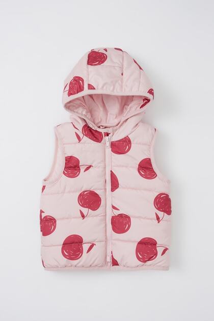 Baby Girl Patterned Hooded Combed Cotton Lined Puffer Vest