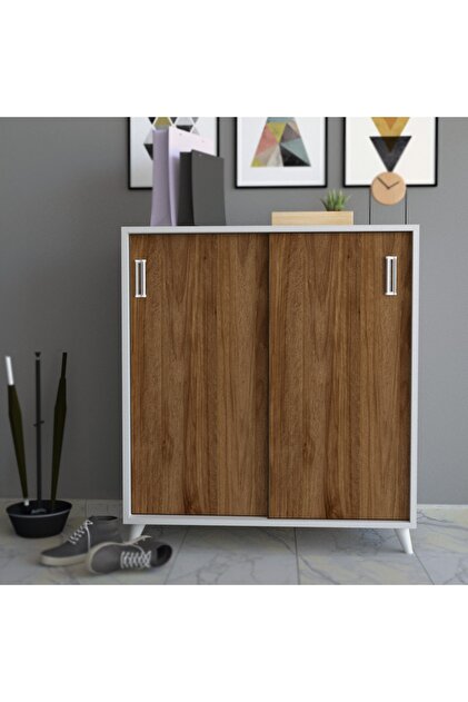 Missia Mobilya Rovigo Beyaz Ceviz Sürgülü Raflı Ayaklı Ayakkabılık