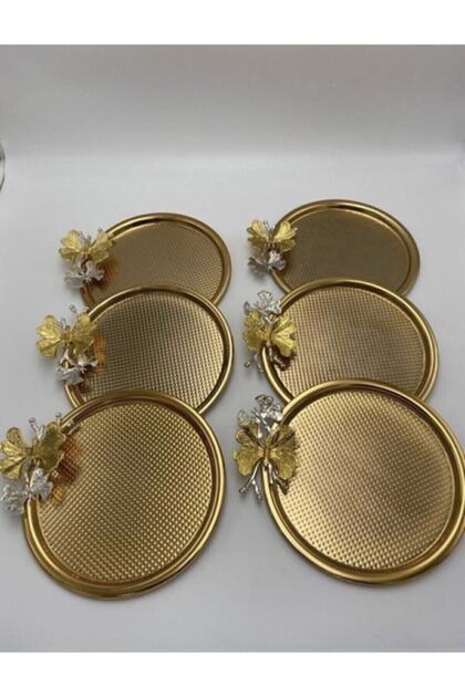 Round 6 Piece Gold Tea Coffee Serving and Presentation Tray 23 Cm Butterfly Accessory Dotted Luxury Presentation