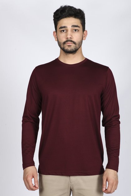 Bisiklet Yaka Floş-viscose T-shirt. Bordo Renk.