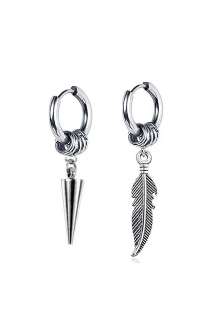 Unisex 316l Surgical Steel Silver Color Dangle Spear And Feather Hoop Earrings
