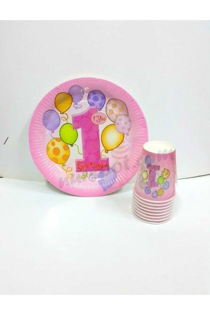1 Year Old Pink 8 Pieces Plate-cup Party Set
