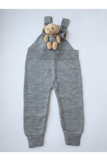 Teddy Bear Buttoned Baby Kids Knitwear Salopet Gray