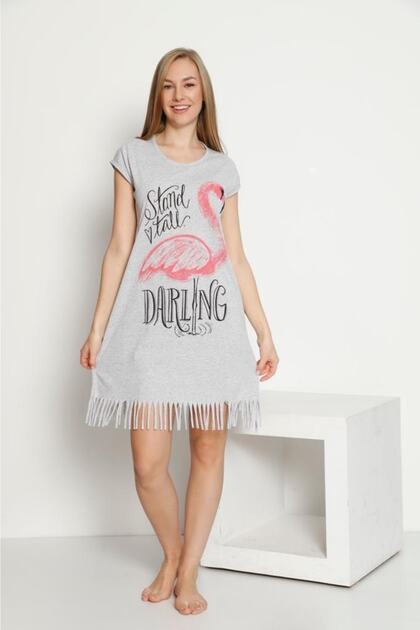 Flamingo Patterned Combed Cotton Casual Dress