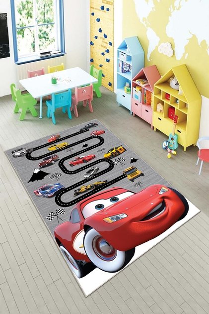 Gri Cars Ve Trafik Yollu Yıkanabilir Kaymaz Taban Leke Tutmazbebek Ve Çocuk Odası Halısı