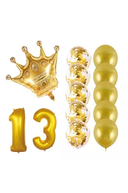 Rönesans 13 Year Old King Crowned Gold Confetti Transparent Balloon Set