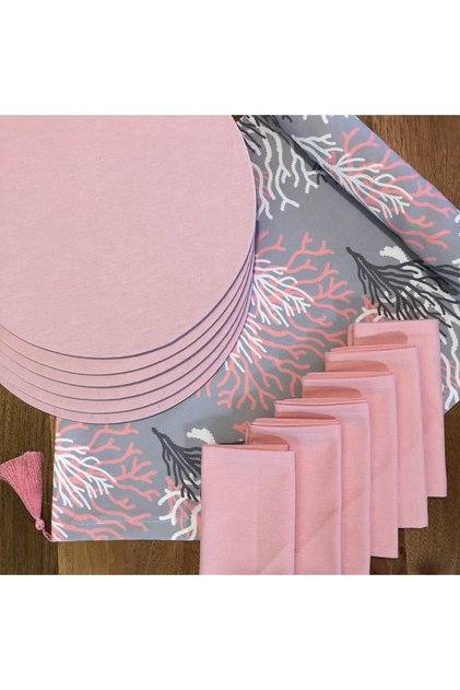 American Serve, Pink Coral 6 Plates, 6 Napkins and Runner