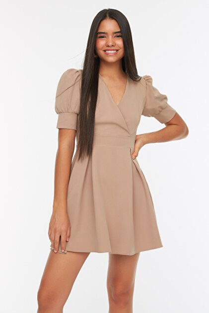 camel skater dress Camel High Neck Shirred Detail Skater Dress AX Paris