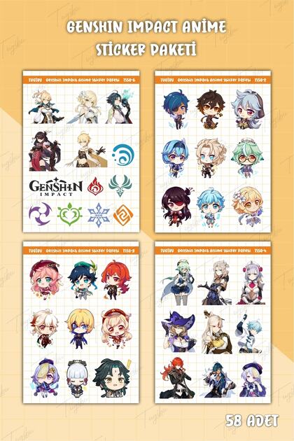 Genshin Impact Anime Sticker Seti, Ajanda, Defter, Tablet, Laptop Için 58 Adet Çıkartma Etiket