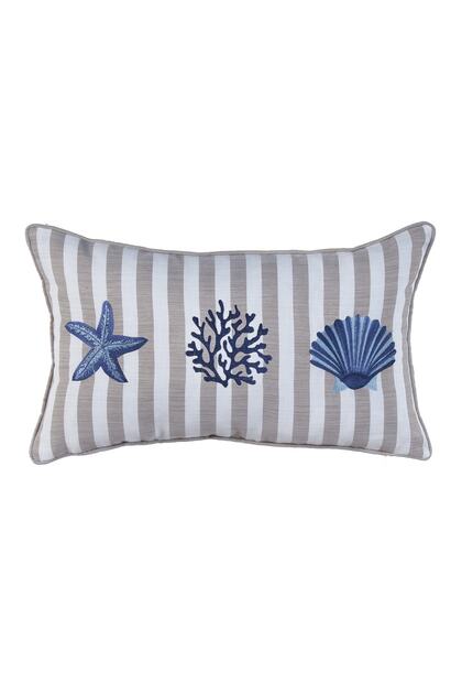 Embroidered Throw Pillow Cover with Piping Star - Coral - Mussel ( Ecru X Beige Striped / Navy Blue Embroidery )