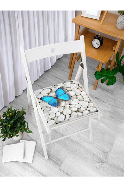 Realhomes Taşlı Zemin Üzerinde Kelebek Desenli Özel Tasarımlı Dijital Baskılı Fermuarlı Sandalye Minderi - 2