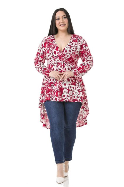 Plus Size Double-breasted Red Tunic with Elastic Sleeve and Back Zipper and Long Flowers on the Back