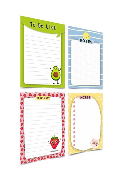 Bloc de note - Set de 4 bloc-note (note cu tematică soare, pisică, căpșuni și avocado, listă de activități) (10-14 cm)