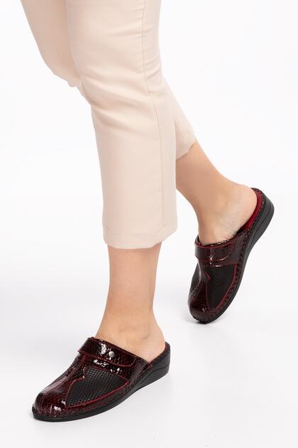 Women's Burgundy Genuine Leather Hallux Valgus (bone Protrusion) Orthopedic Slippers