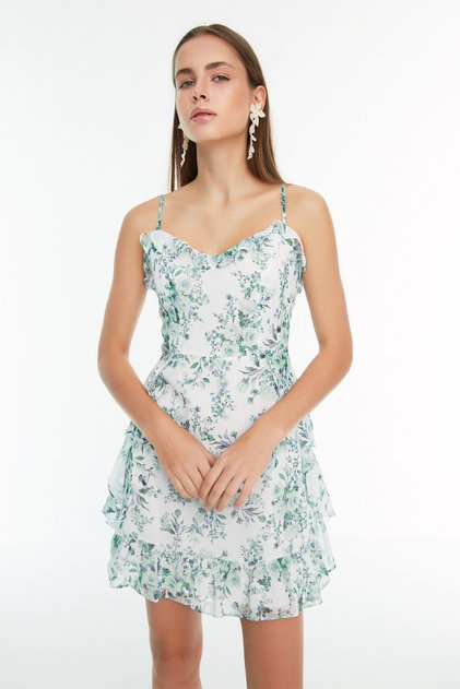 Mintgrünes A-Linien-Kleid mit gefüttertem Volant und Blumendruck TWOSS20EL1267